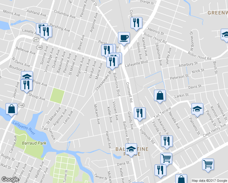 map of restaurants, bars, coffee shops, grocery stores, and more near 2808 Keller Avenue in Norfolk