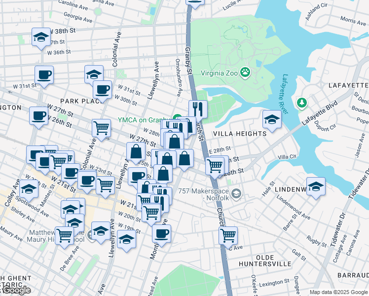 map of restaurants, bars, coffee shops, grocery stores, and more near 112 East 27th Street in Norfolk