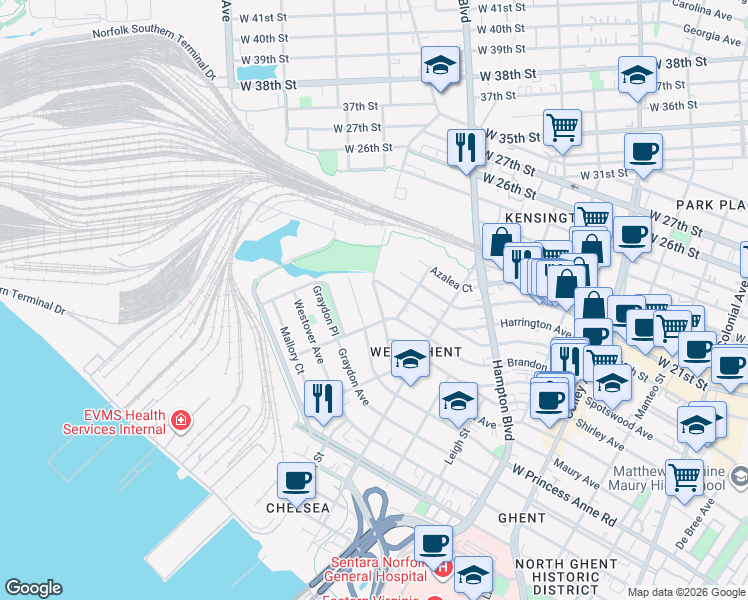 map of restaurants, bars, coffee shops, grocery stores, and more near 1406 West Princess Anne Road in Norfolk