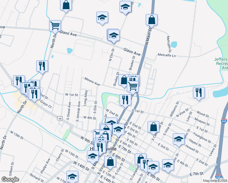 map of restaurants, bars, coffee shops, grocery stores, and more near 112 West 1st Street in Hopkinsville