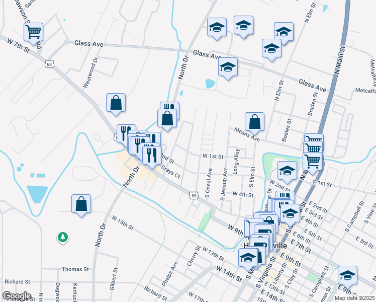 map of restaurants, bars, coffee shops, grocery stores, and more near 109 South Kentucky Avenue in Hopkinsville
