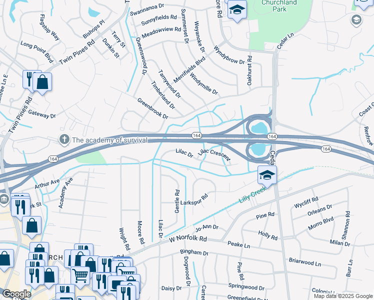 map of restaurants, bars, coffee shops, grocery stores, and more near 3732 Lilac Drive in Portsmouth