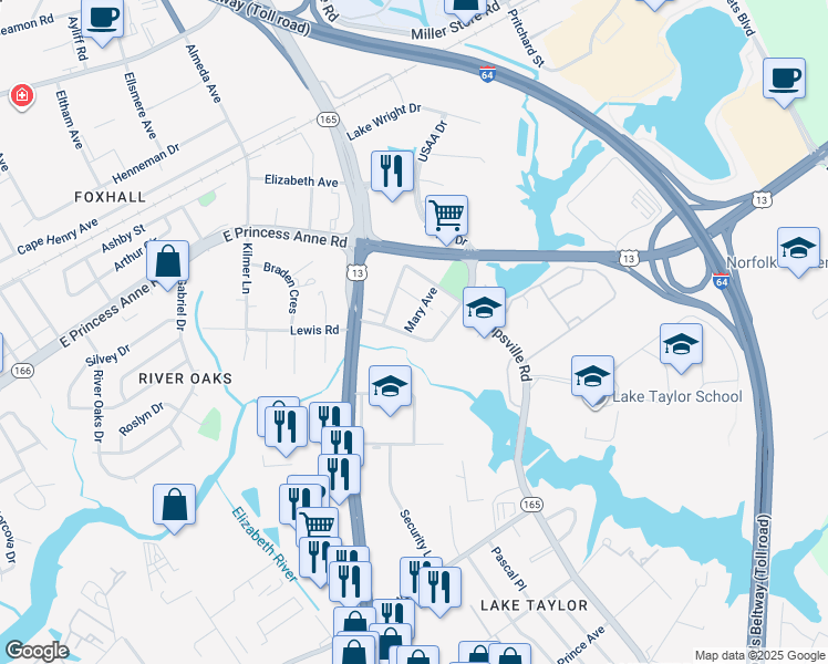map of restaurants, bars, coffee shops, grocery stores, and more near 1400 Mary Avenue in Norfolk
