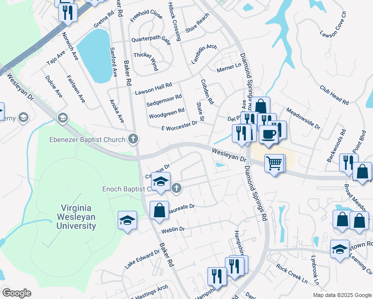 map of restaurants, bars, coffee shops, grocery stores, and more near 5586 Campus Drive in Virginia Beach