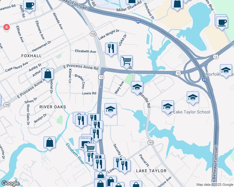 map of restaurants, bars, coffee shops, grocery stores, and more near 1400 Mary Avenue in Norfolk