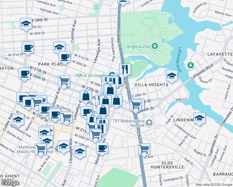 map of restaurants, bars, coffee shops, grocery stores, and more near 112 East 27th Street in Norfolk