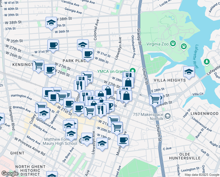 map of restaurants, bars, coffee shops, grocery stores, and more near 236 West 26th Street in Norfolk