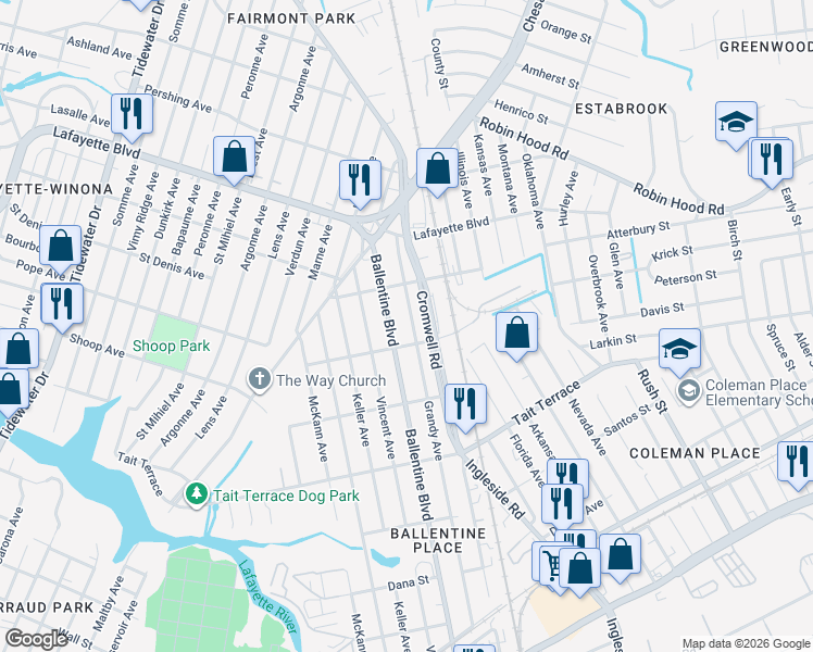 map of restaurants, bars, coffee shops, grocery stores, and more near in Norfolk