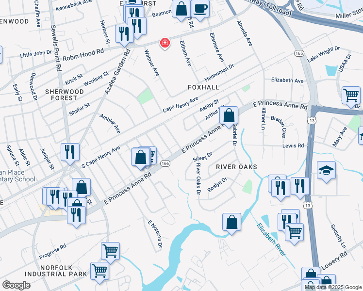 map of restaurants, bars, coffee shops, grocery stores, and more near 1500 Beekman Street in Norfolk