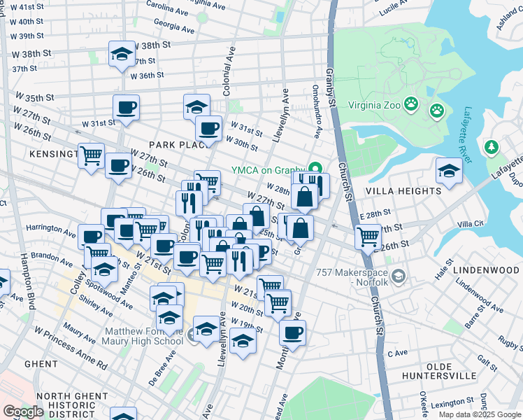map of restaurants, bars, coffee shops, grocery stores, and more near 236 West 26th Street in Norfolk