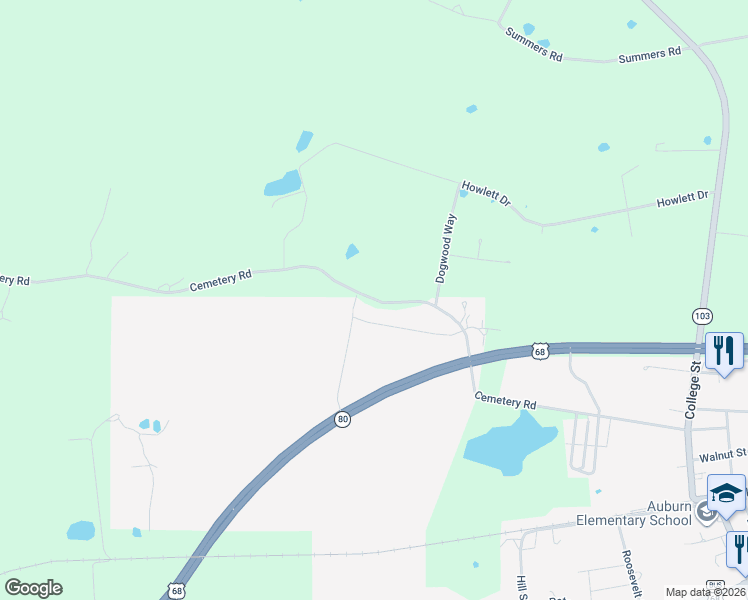 map of restaurants, bars, coffee shops, grocery stores, and more near Robbins Drive in Auburn