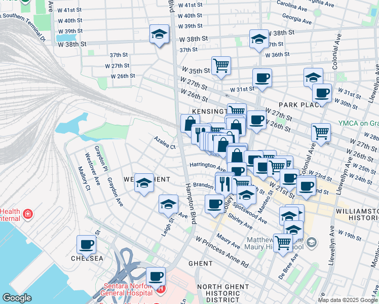 map of restaurants, bars, coffee shops, grocery stores, and more near 964 Woodrow Avenue in Norfolk