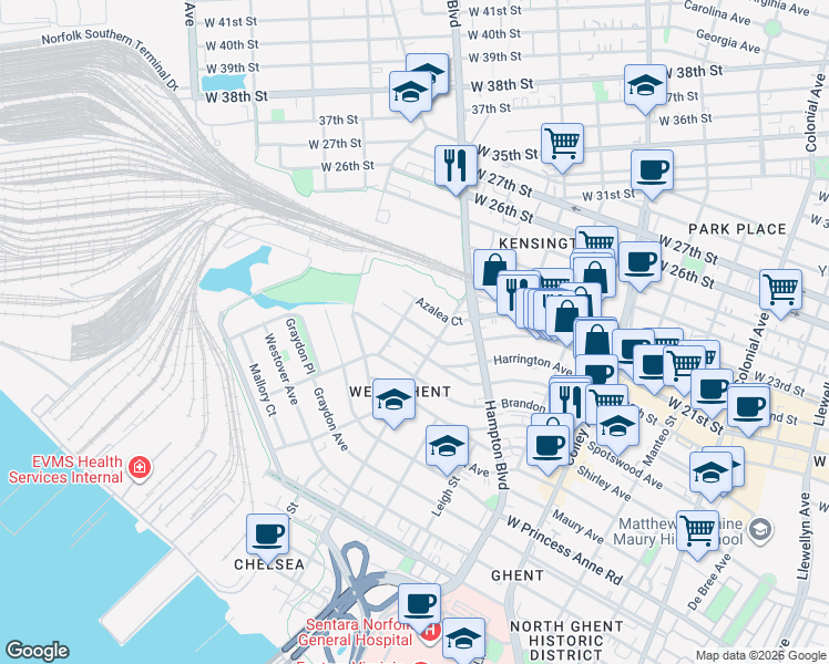 map of restaurants, bars, coffee shops, grocery stores, and more near 1901 Claremont Avenue in Norfolk