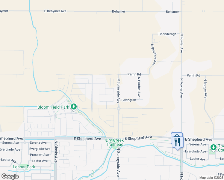 map of restaurants, bars, coffee shops, grocery stores, and more near 9485 North Sunnyside Avenue in Clovis