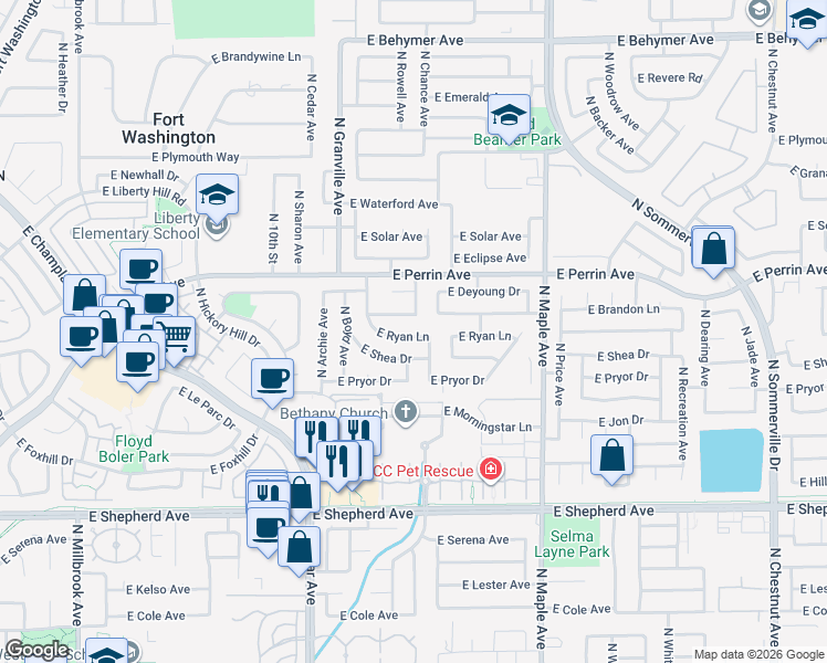 map of restaurants, bars, coffee shops, grocery stores, and more near 1692 East Shea Drive in Fresno