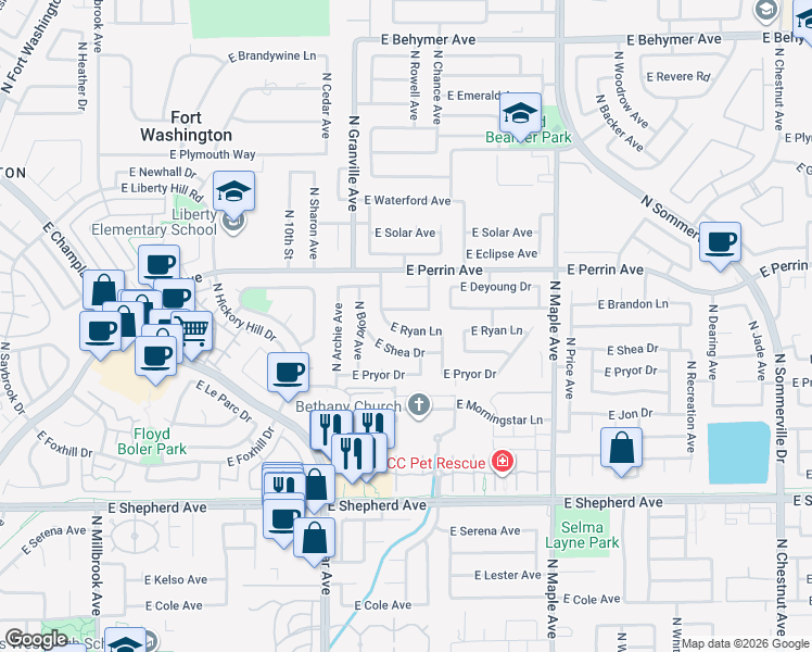 map of restaurants, bars, coffee shops, grocery stores, and more near 1630 East Shea Drive in Fresno