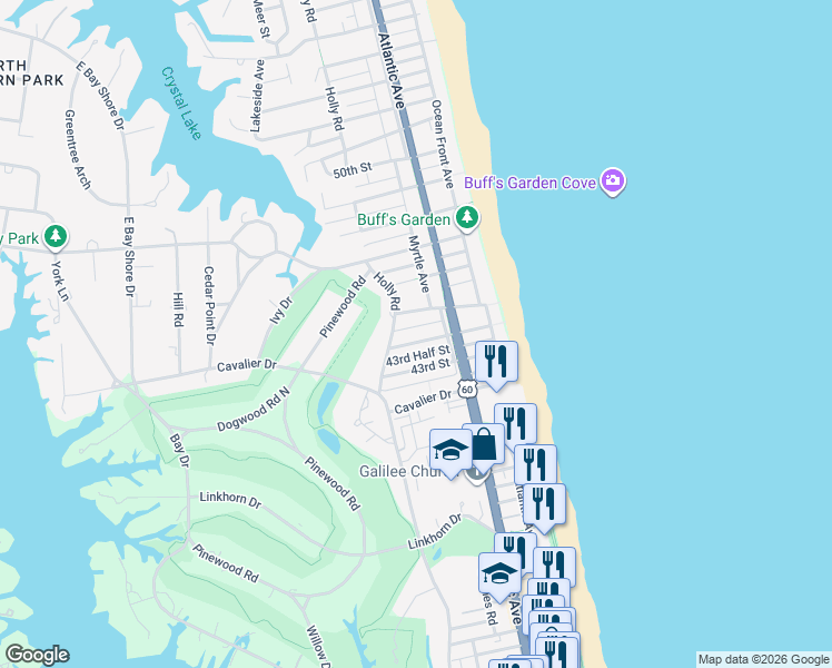 map of restaurants, bars, coffee shops, grocery stores, and more near 211 43rd Street in Virginia Beach