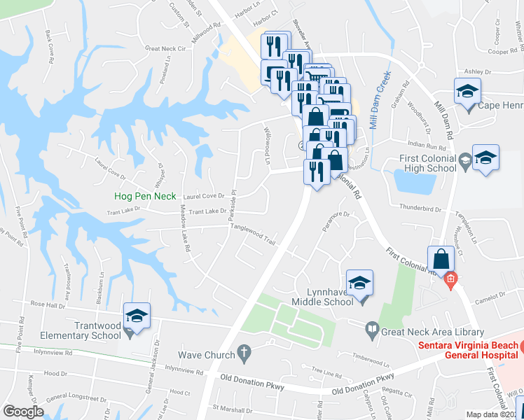 map of restaurants, bars, coffee shops, grocery stores, and more near 2220 Tanglewood Trail in Virginia Beach