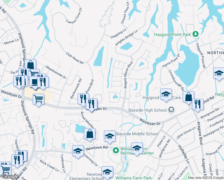 map of restaurants, bars, coffee shops, grocery stores, and more near 5344 Charmont Court in Virginia Beach