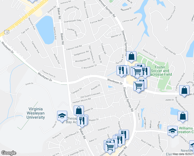 map of restaurants, bars, coffee shops, grocery stores, and more near 5498 Keydet Drive in Virginia Beach