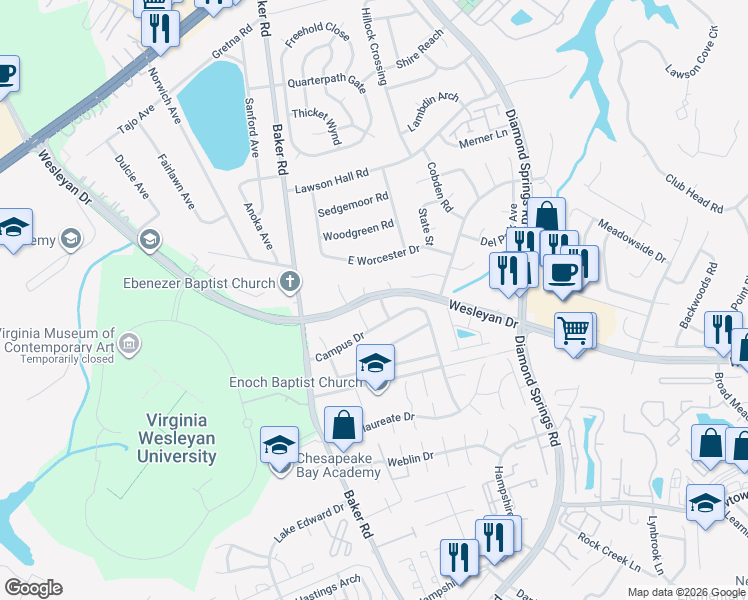 map of restaurants, bars, coffee shops, grocery stores, and more near 5585 Campus Drive in Virginia Beach
