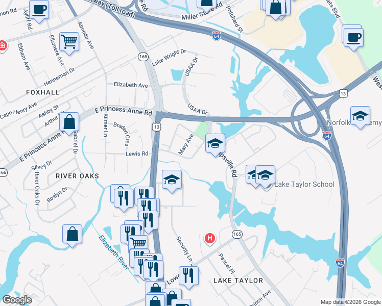 map of restaurants, bars, coffee shops, grocery stores, and more near 5733 Cornick Road in Norfolk