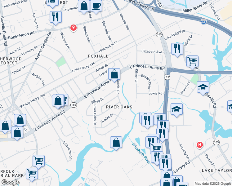 map of restaurants, bars, coffee shops, grocery stores, and more near 1409 Gabriel Drive in Norfolk