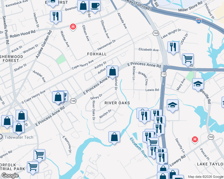 map of restaurants, bars, coffee shops, grocery stores, and more near 1409 Gabriel Drive in Norfolk