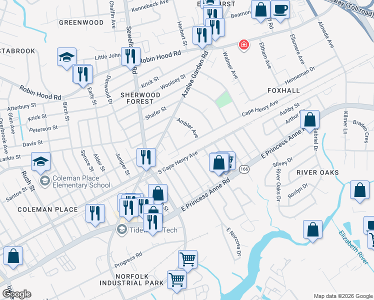 map of restaurants, bars, coffee shops, grocery stores, and more near 4911 South Cape Henry Avenue in Norfolk