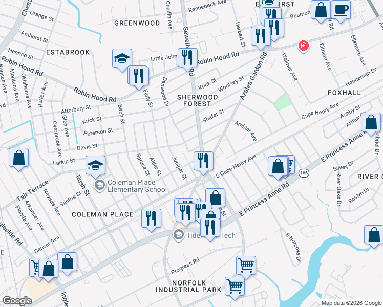 map of restaurants, bars, coffee shops, grocery stores, and more near 2330 Aspin Street in Norfolk