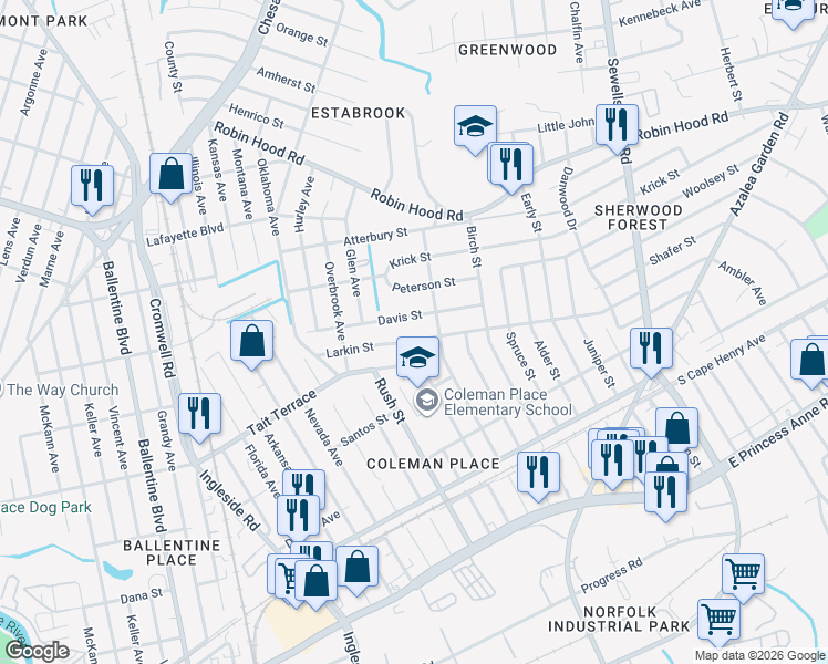 map of restaurants, bars, coffee shops, grocery stores, and more near 2545 Olean Street in Norfolk