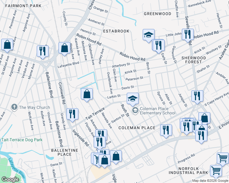 map of restaurants, bars, coffee shops, grocery stores, and more near 3753 Larkin Street in Norfolk