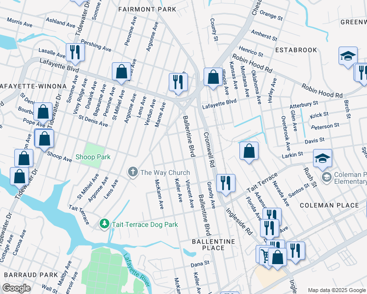 map of restaurants, bars, coffee shops, grocery stores, and more near 2808 Keller Avenue in Norfolk