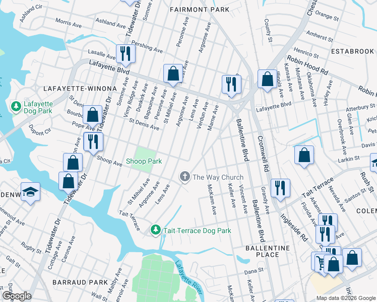 map of restaurants, bars, coffee shops, grocery stores, and more near 2859 Chesapeake Boulevard in Norfolk