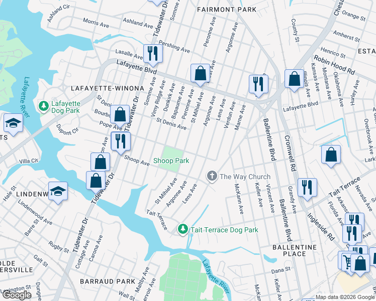 map of restaurants, bars, coffee shops, grocery stores, and more near 2830 Saint Mihiel Avenue in Norfolk