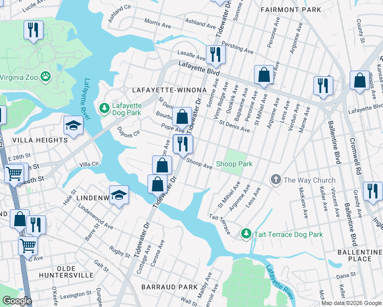 map of restaurants, bars, coffee shops, grocery stores, and more near 2740 Somme Avenue in Norfolk