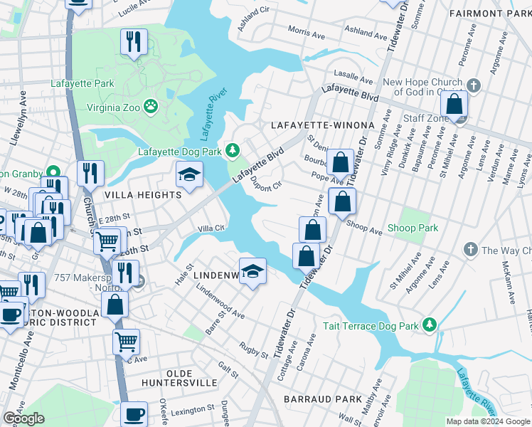 map of restaurants, bars, coffee shops, grocery stores, and more near 1747 Tait Terrace in Norfolk