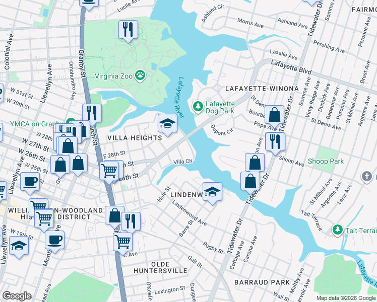 map of restaurants, bars, coffee shops, grocery stores, and more near 2500 Druid Circle in Norfolk