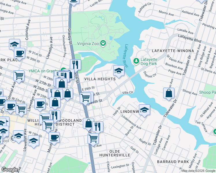 map of restaurants, bars, coffee shops, grocery stores, and more near 2595 Ruffin Way in Norfolk