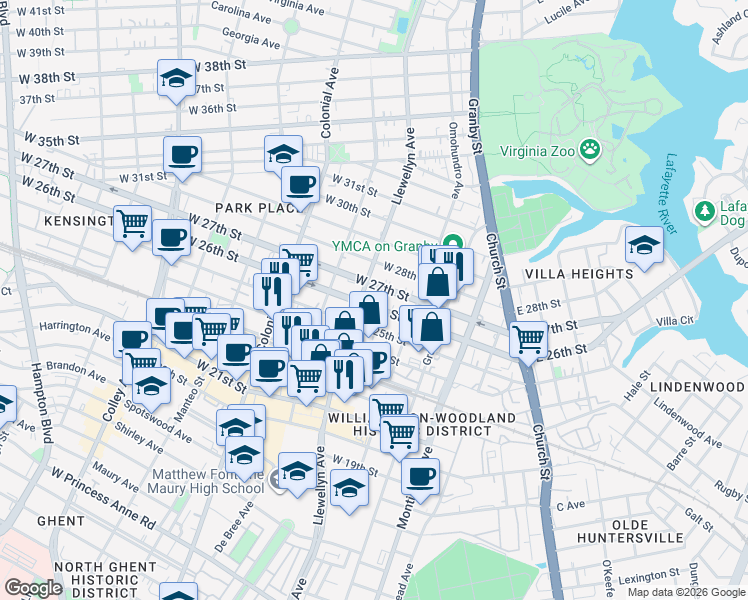 map of restaurants, bars, coffee shops, grocery stores, and more near 244 West 25th Street in Norfolk