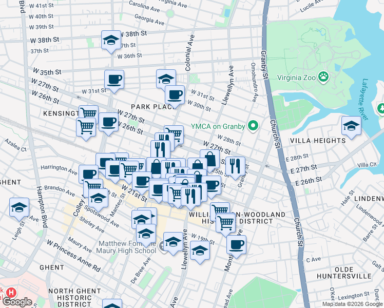 map of restaurants, bars, coffee shops, grocery stores, and more near 328 West 25th Street in Norfolk