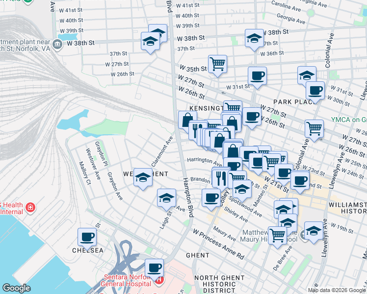 map of restaurants, bars, coffee shops, grocery stores, and more near 948 Harrington Avenue in Norfolk