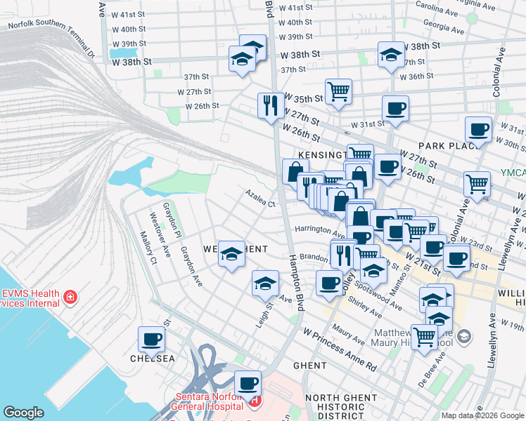 map of restaurants, bars, coffee shops, grocery stores, and more near 1011 Woodrow Avenue in Norfolk