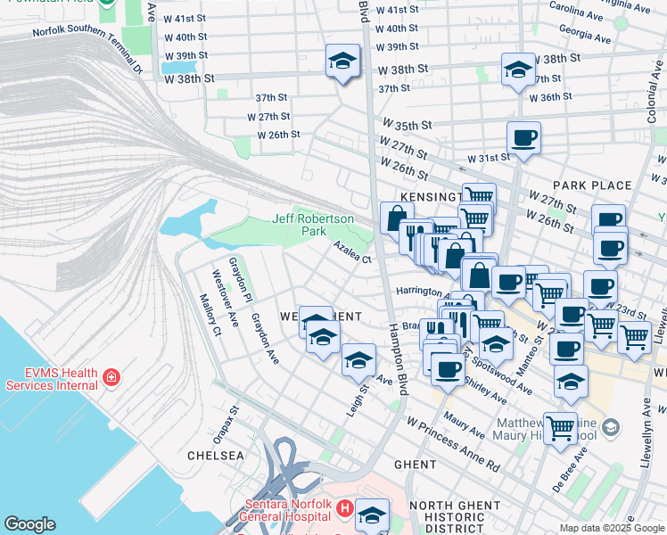 map of restaurants, bars, coffee shops, grocery stores, and more near 1901 Claremont Avenue in Norfolk