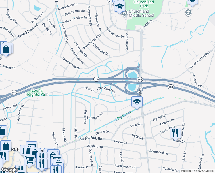 map of restaurants, bars, coffee shops, grocery stores, and more near 5429 Lilac Crescent in Portsmouth