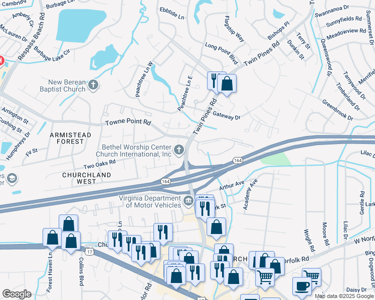 map of restaurants, bars, coffee shops, grocery stores, and more near Towne Point Road in Portsmouth