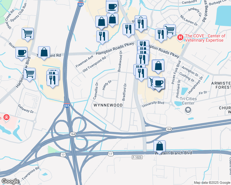 map of restaurants, bars, coffee shops, grocery stores, and more near 4628 Maplewood Drive in Suffolk