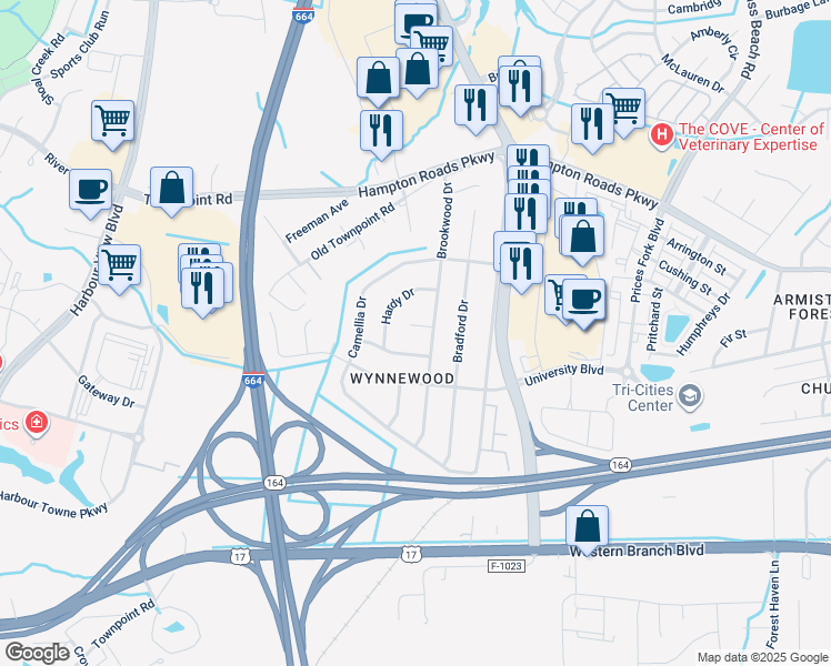 map of restaurants, bars, coffee shops, grocery stores, and more near 4628 Maplewood Drive in Suffolk