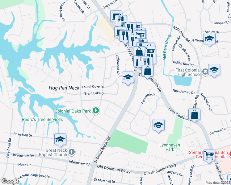 map of restaurants, bars, coffee shops, grocery stores, and more near 2220 Trant Lake Drive in Virginia Beach