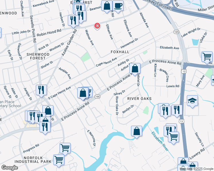 map of restaurants, bars, coffee shops, grocery stores, and more near 1500 Beekman Street in Norfolk